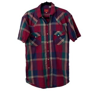 Ely Plains Mens Western Shirt Pearl Snap 1990's Red Blue‎ Plaid Size Large